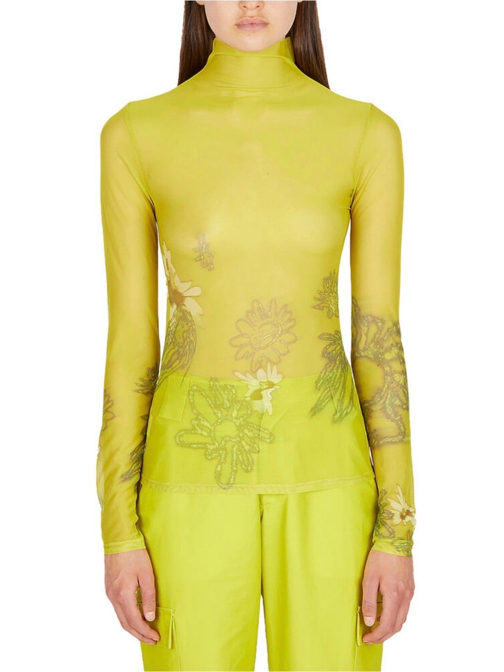 NWT Collina Strada Basically Green Mesh Cardio Nova Top Sz S LS Floral Mock Neck